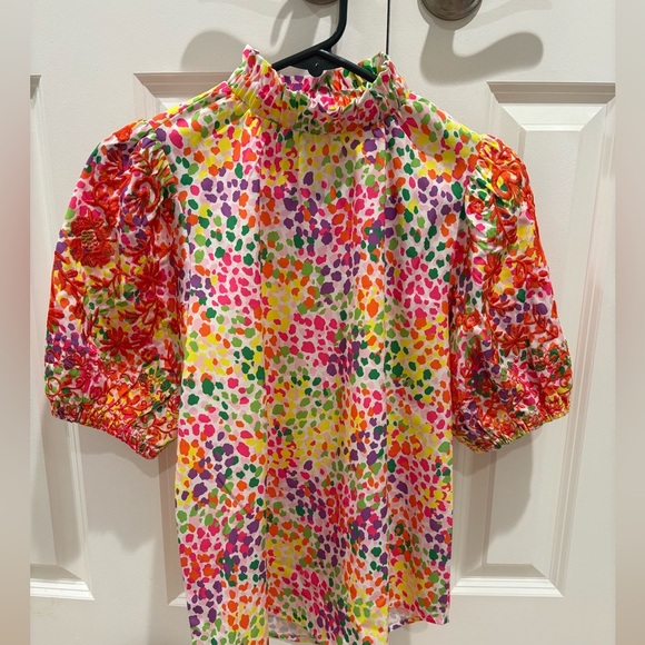 Colorful Ruffle Neck Blouse with Embroidered Puff Sleeves Boutique Printed - Picture 5 of 7